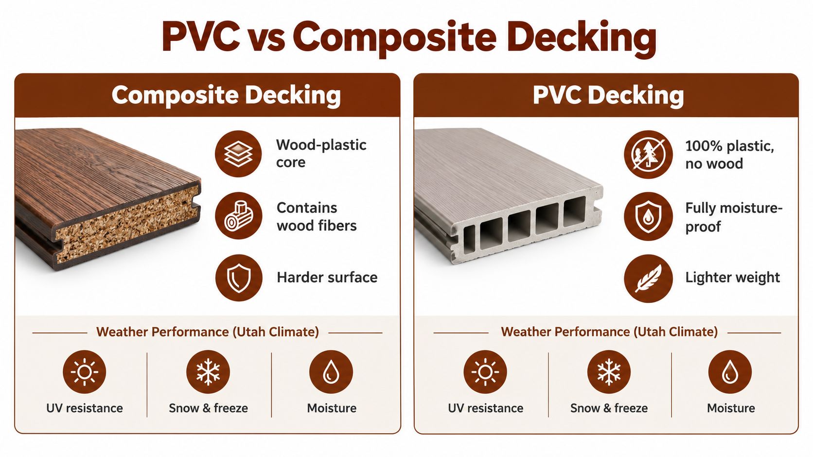 A comparison chart showing features and weather performance for composite versus PVC decking materials.