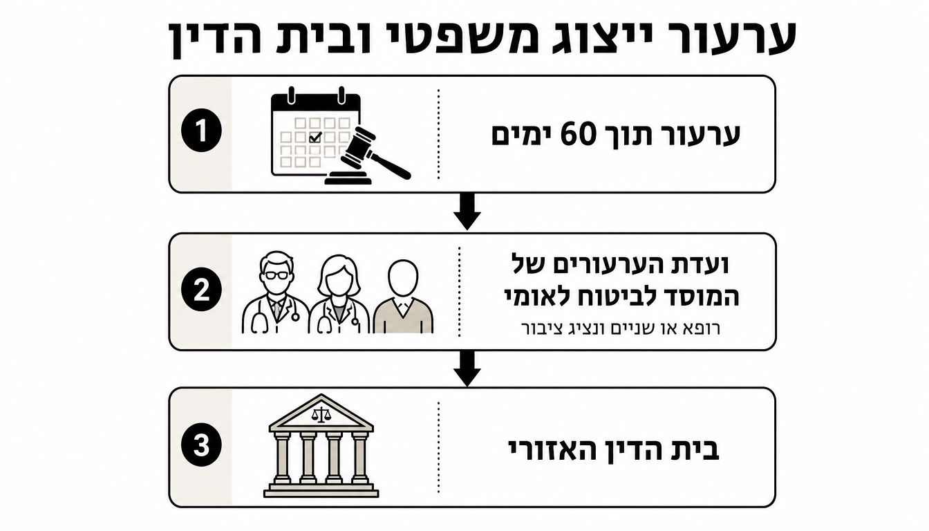 תרשים זרימה המתאר את תהליך הערעור על החלטות המוסד לביטוח לאומי, החל מהגשת הערעור ועד לבית הדין האזורי.