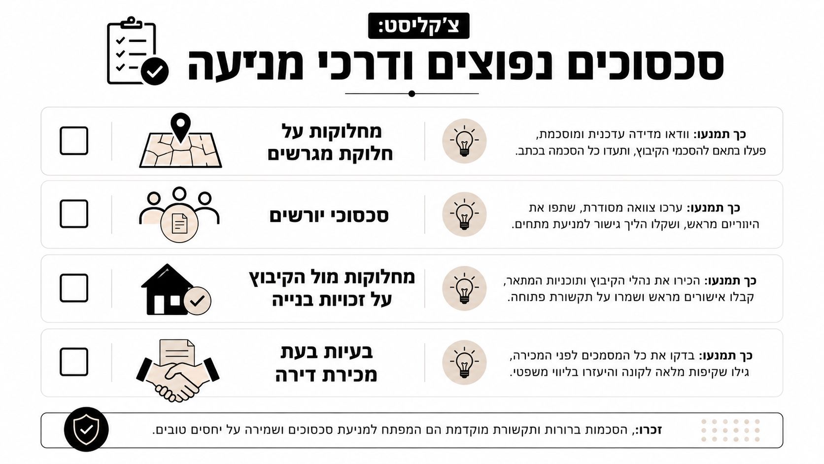 צ'קליסט למניעת סכסוכים נפוצים בקיבוץ, הכולל המלצות מעשיות לשמירה על יחסים טובים ותקשורת ברורה בין החברים.