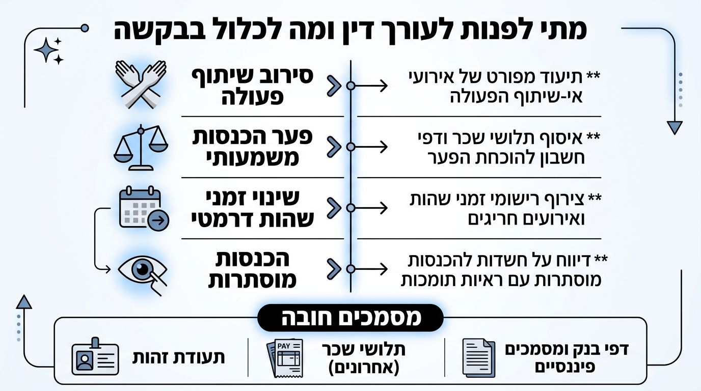 אינפוגרפיקה המפרטת מתי לפנות לעורך דין בנושאי דמי מזונות ואילו מסמכים חובה לצרף לבקשה עבור הערכאות המשפטיות.