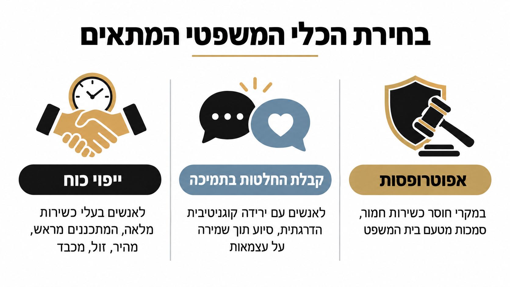 אינפוגרפיקה המציגה שלוש אפשרויות משפטיות: ייפוי כוח מתמשך, קבלת החלטות בתמיכה ואפוטרופסות, מותאמות לפי רמת היכולת הקוגניטיבית של האדם.