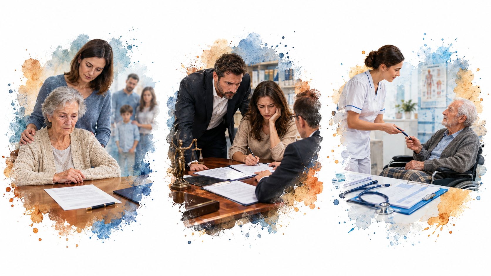 שלוש תמונות המציגות סיטואציות משפטיות ורפואיות המעוררות חשש להשפעה בלתי הוגנת על אנשים מבוגרים ועל בני משפחתם.