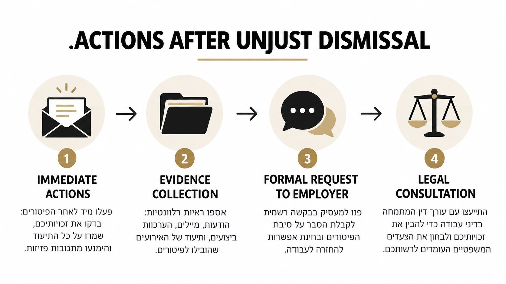אינפוגרפיקה המפרטת ארבעה שלבים מעשיים וחשובים שיש לנקוט במקרה של פיטורים שלא כדין ממקום העבודה.