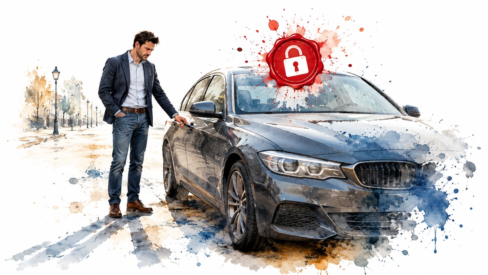 גבר חליפה מנסה לפתוח מכונית נעולה עם סמל מנעול אדום מעליה, מסמל עיקול רכב בהוצאה לפועל.