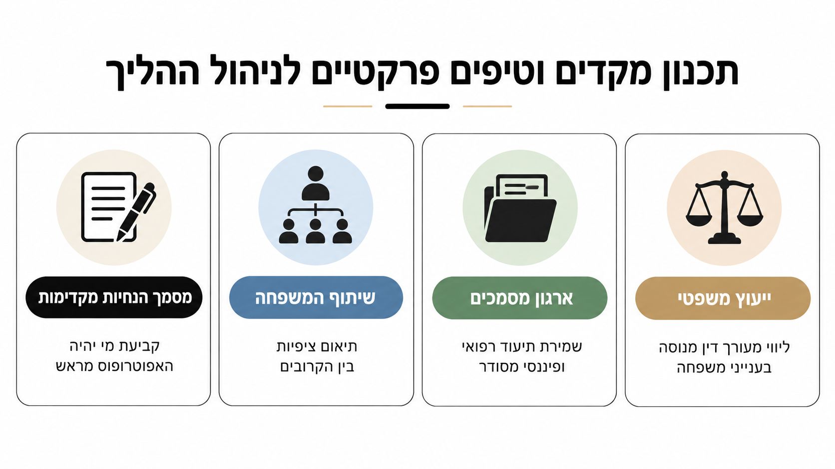אינפוגרפיקה המציגה ארבעה שלבים מעשיים לתכנון מינוי אפוטרופוס, כולל מסמכי הנחיות, שיתוף משפחה, ארגון מסמכים וייעוץ משפטי.