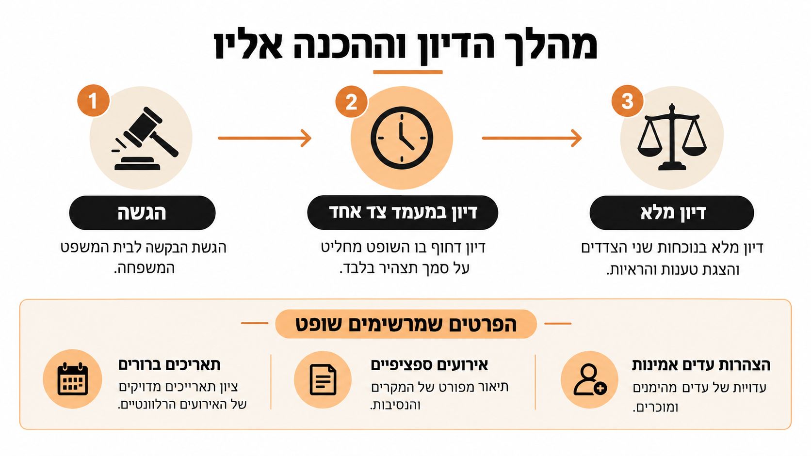 תרשים המציג את תהליך הגשת צו הגנה בבית המשפט לענייני משפחה, כולל שלבי הדיון והנחיות להכנה.
