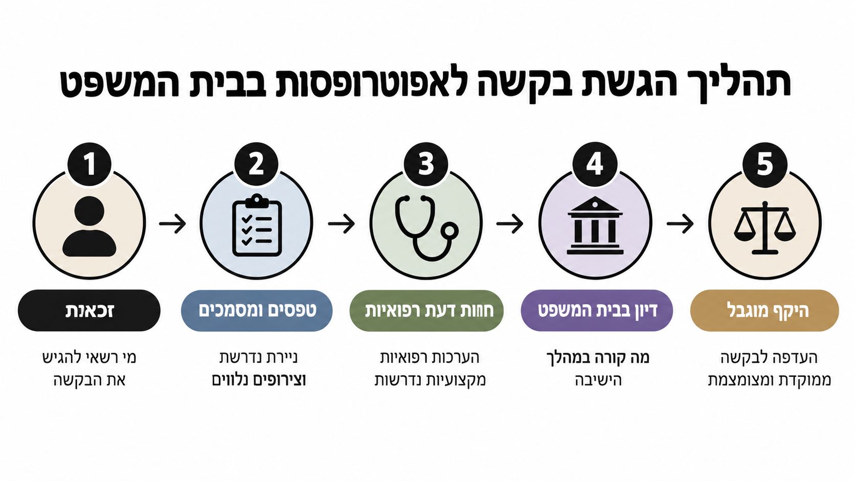 תרשים זרימה המתאר את שלבי הגשת בקשה למינוי אפוטרופוס בבית המשפט, מהזכאות ועד לקביעת היקף הסמכויות המוגבל.