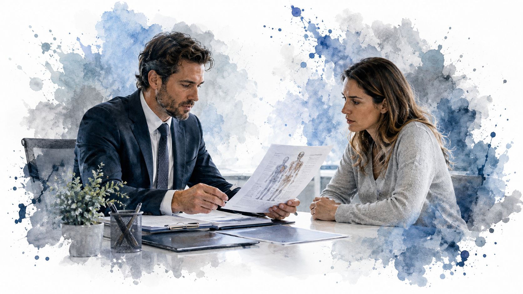 רופא בחליפה מסביר למטופלת דאוגה את מצבה הרפואי באמצעות דף עם תרשים אנטומי במשרד מודרני.