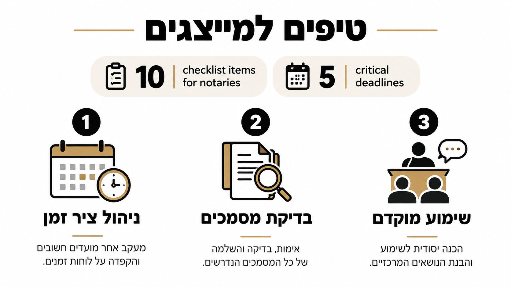 טיפים מקצועיים לעורכי דין ומייצגים הכוללים ניהול זמנים, בדיקת מסמכים והכנה מוקדמת לשימוע בתיקים משפטיים.