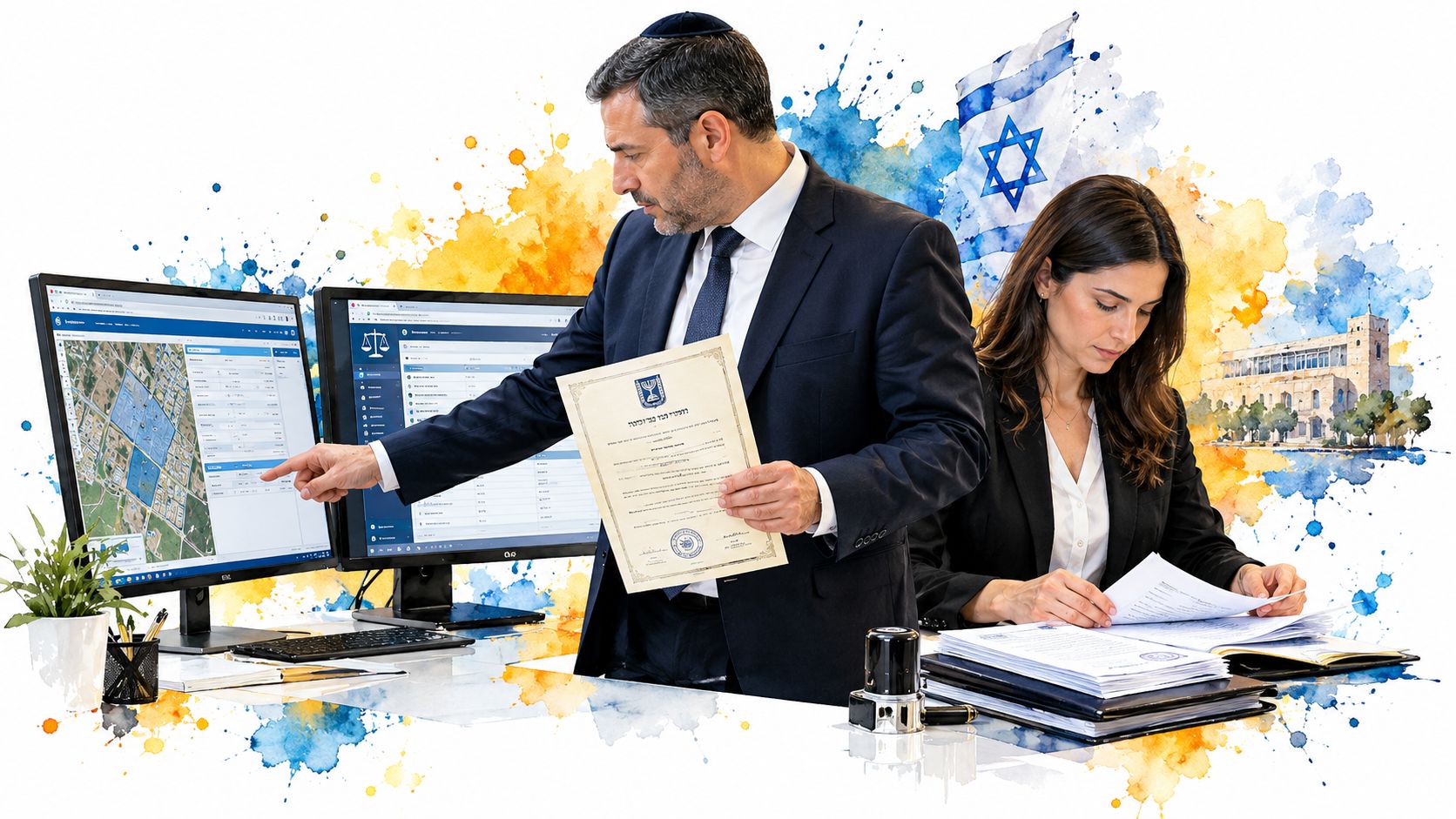 עורך דין ועורכת דין עובדים במשרד על מסמכים משפטיים וצוואות מול מחשב עם מפה דיגיטלית ודגל ישראל