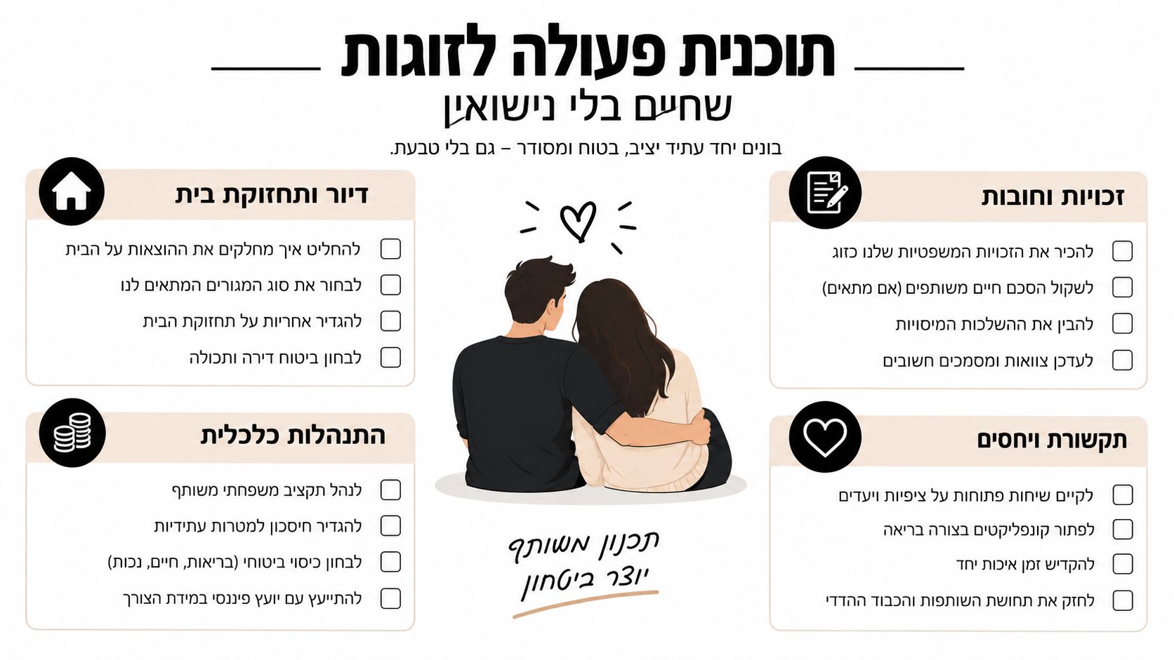 תוכנית פעולה לזוגות ללא נישואין, הכוללת צעדים לניהול דיור, כלכלה, זכויות משפטיות ותקשורת בין בני זוג.