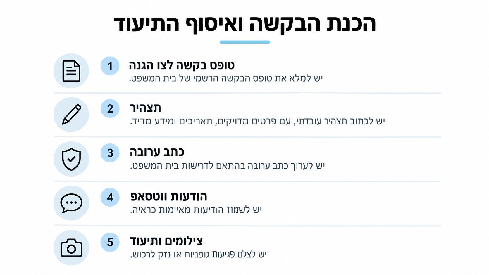 אינפוגרפיקה המפרטת את חמשת השלבים להגשת בקשה לצו הגנה בבית המשפט, כולל איסוף מסמכים, תצהירים וראיות תומכות.