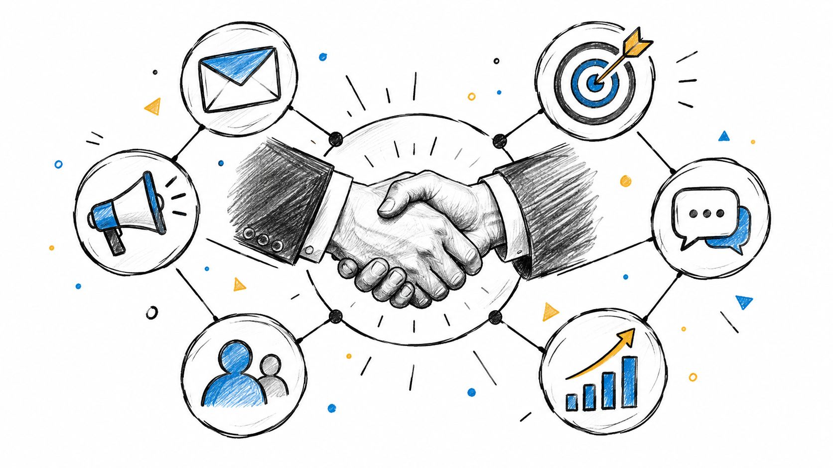 A hand-drawn illustration showing a business handshake surrounded by circular icons representing marketing, communication, and growth strategies.