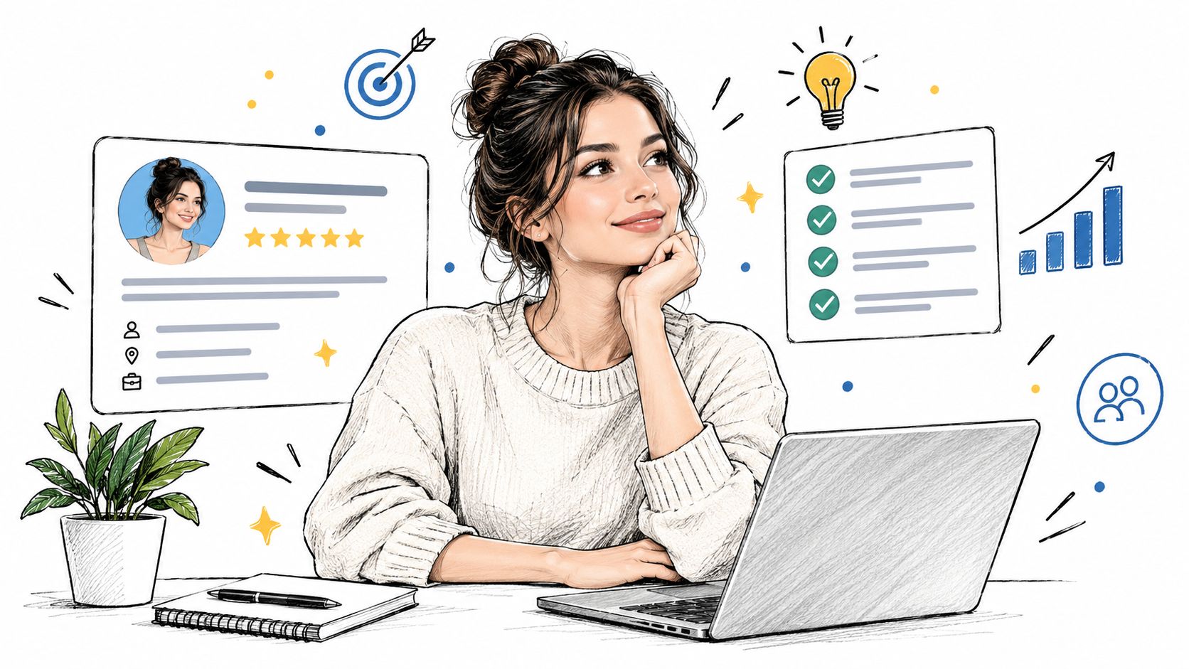 A professional woman working at a laptop with graphic icons representing digital lead generation and business strategy.