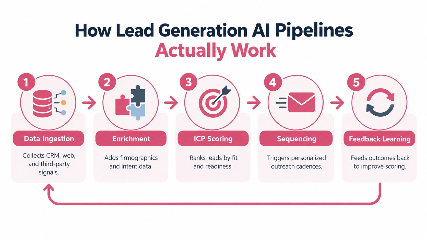 A diagram illustrating the five stages of an AI lead generation pipeline, from data ingestion to feedback learning.