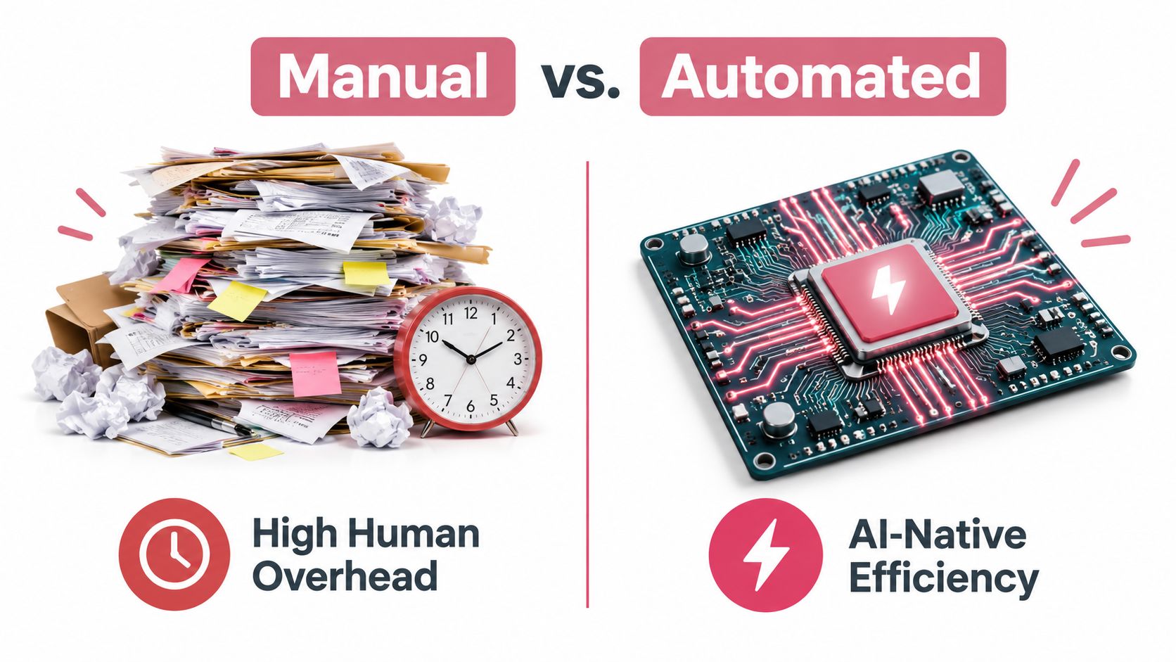 A conceptual comparison between manual paperwork processes and automated AI-driven technology for improved business efficiency.