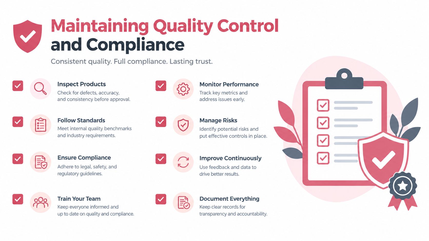 A visual guide outlining eight key strategies for maintaining quality control and regulatory compliance in business operations.