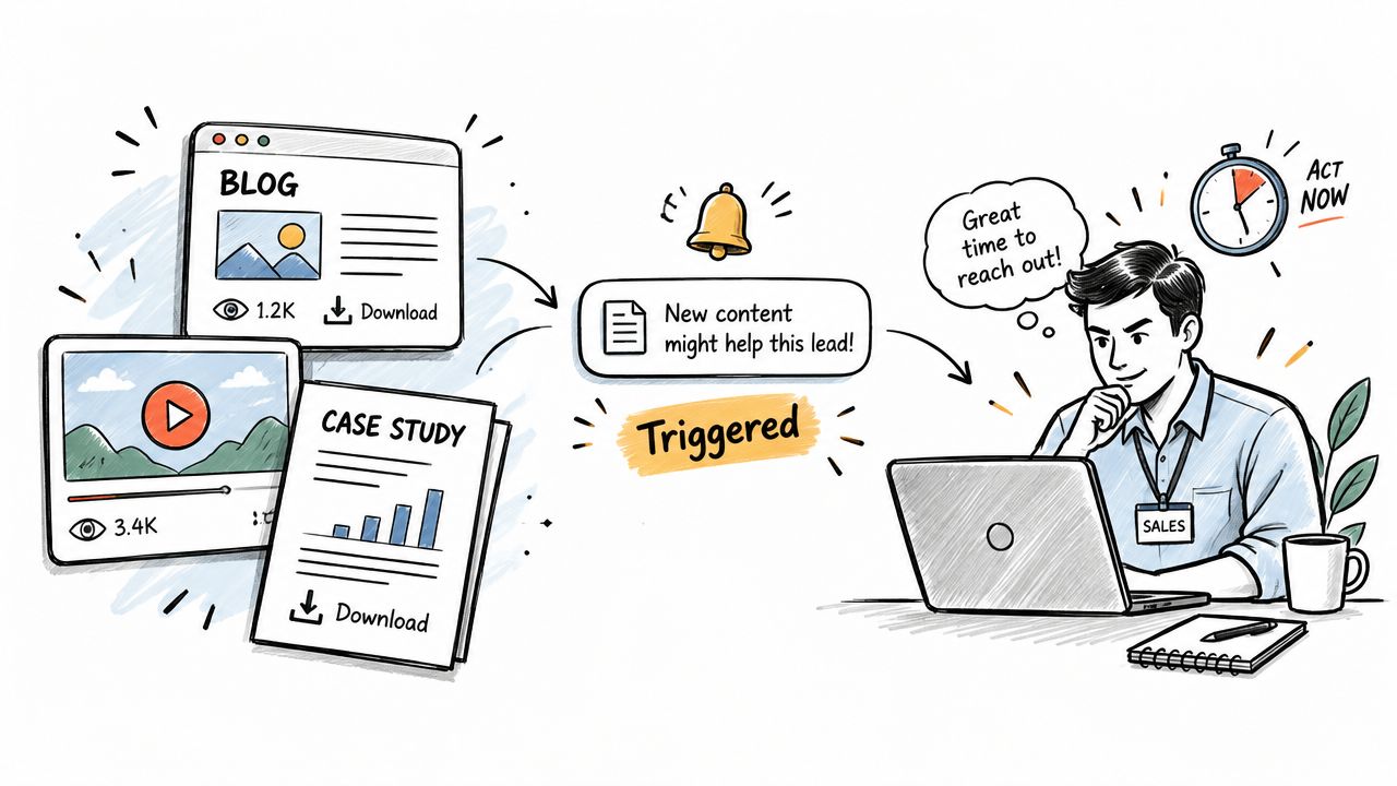 A marketing illustration showing content engagement triggering a notification for a sales person to reach out.
