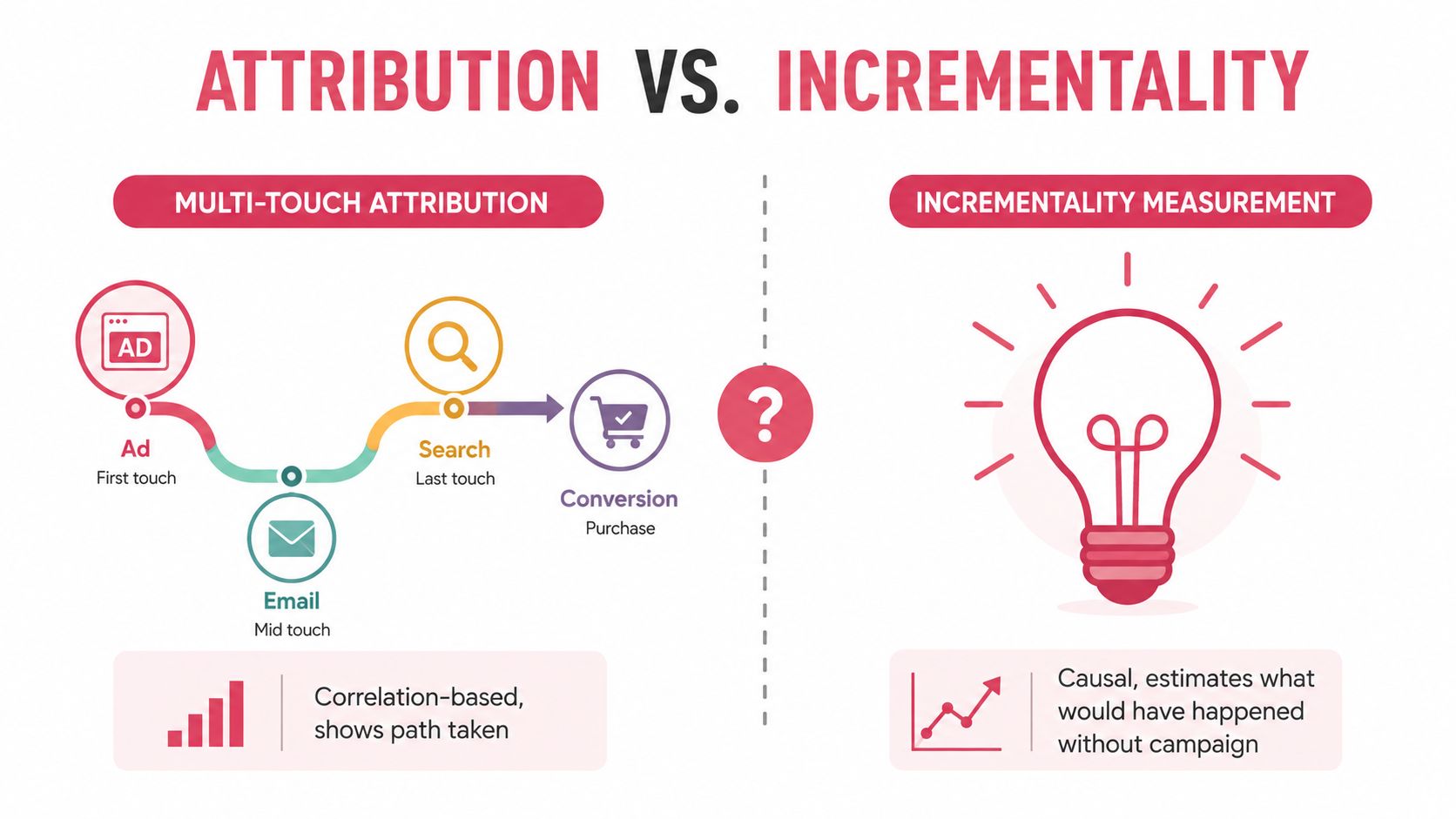A diagram comparing multi-touch attribution methods with incremental measurement strategies to analyze campaign performance and conversion paths.