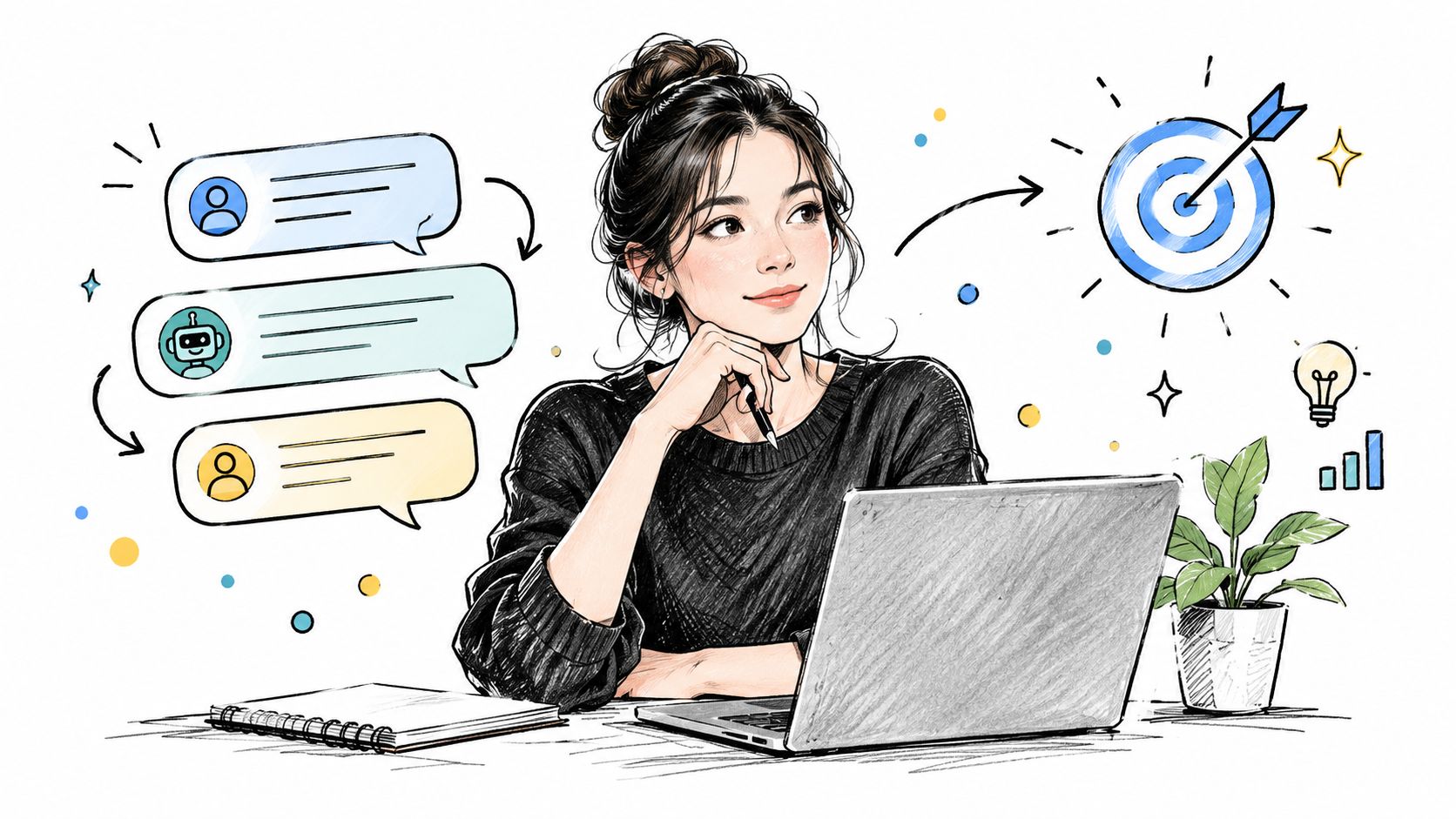 A woman thinking while working on a laptop with chat bubbles and a target symbol nearby.