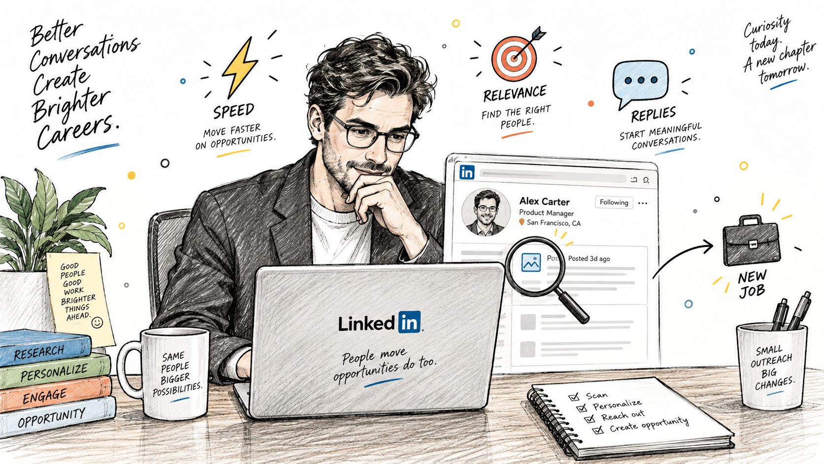 A sketched illustration of a professional working on a LinkedIn profile to build career opportunities.