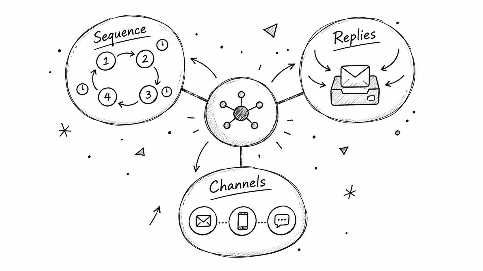 A hand-drawn sketch illustrating a central hub connected to sequence, replies, and channel automation workflow components.