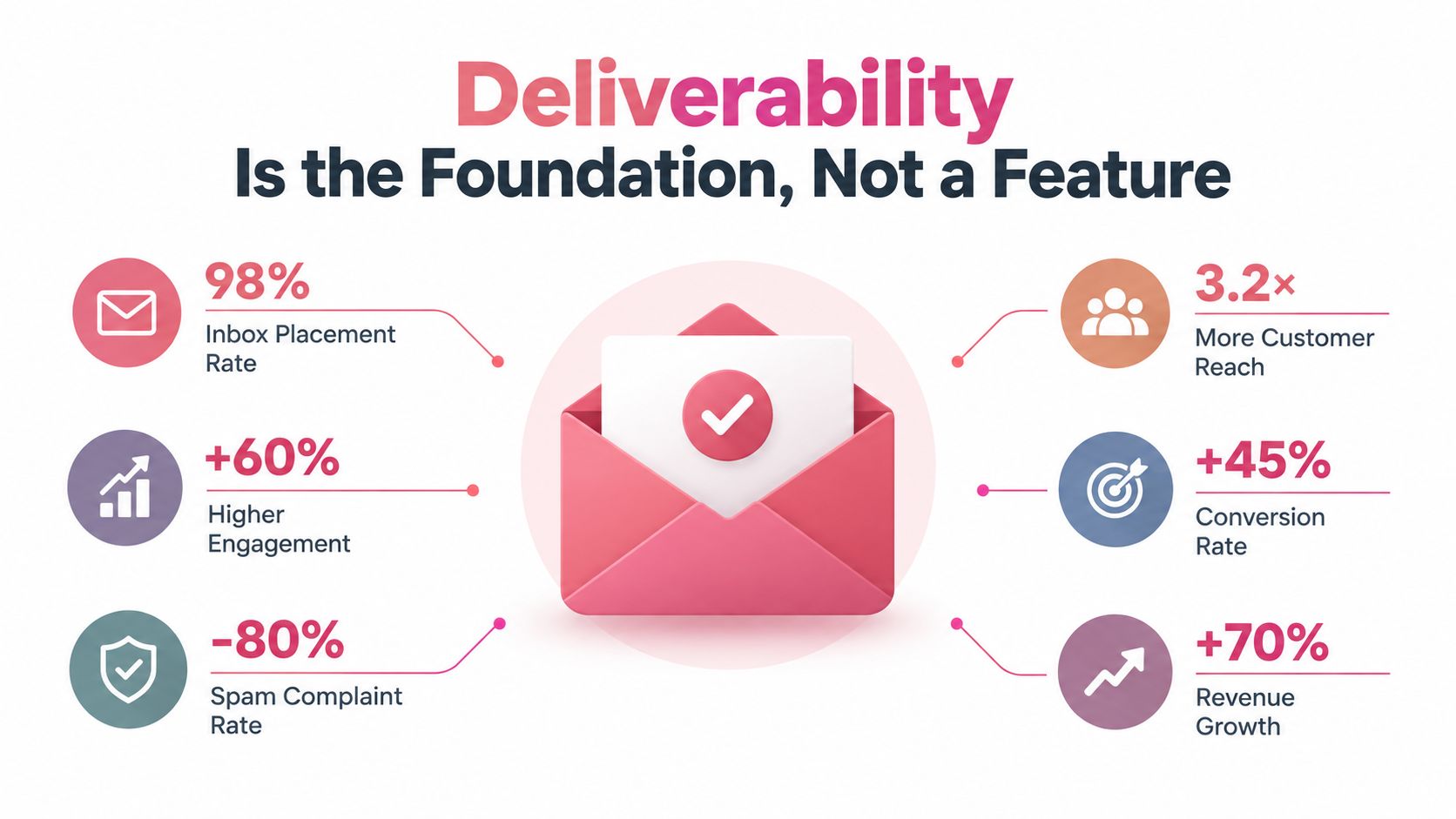 An infographic showing the positive impact of email deliverability on engagement, conversions, and business revenue growth.