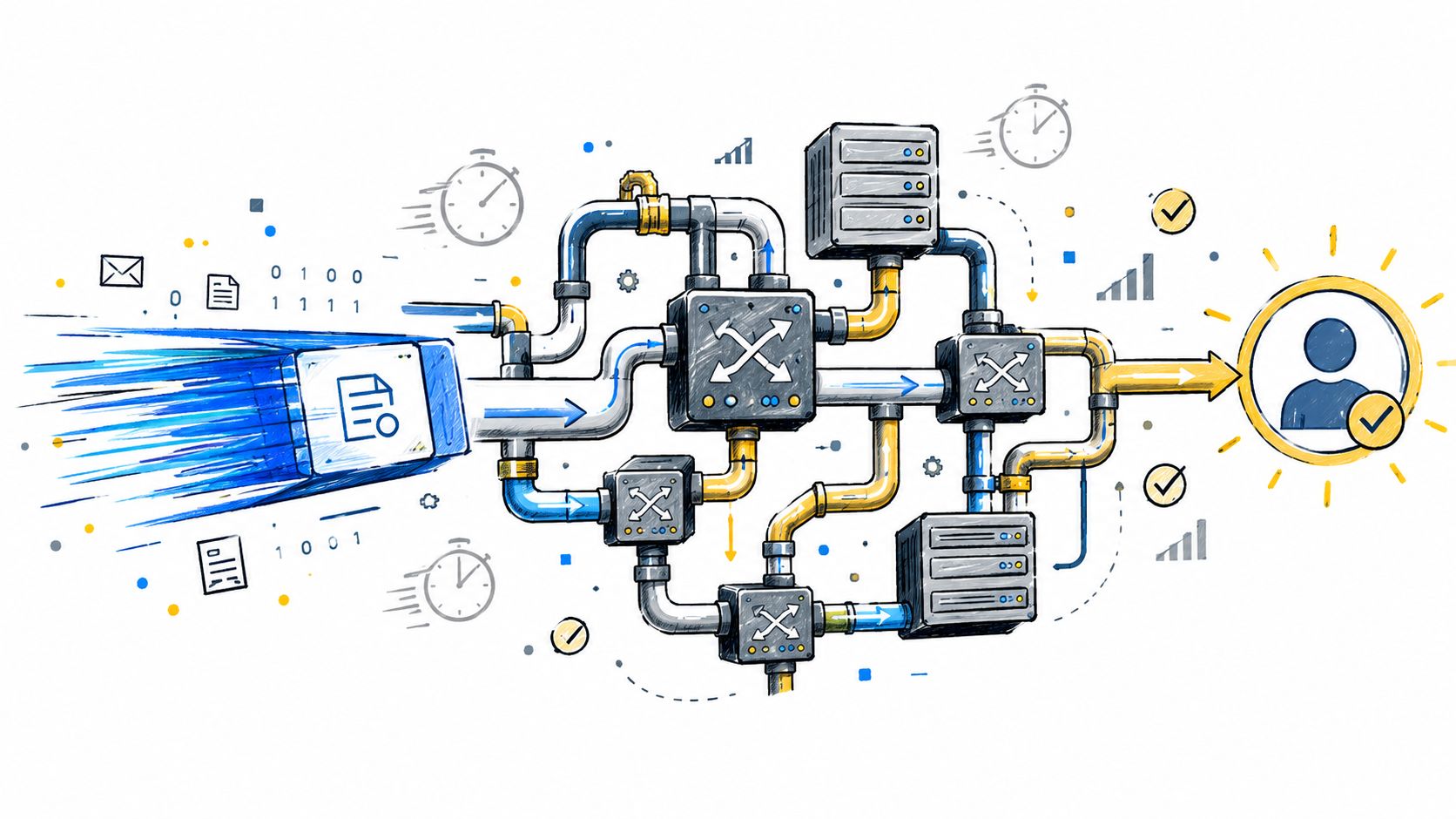 A digital illustration showing a data-driven marketing pipeline with information flow leading to a qualified user profile.