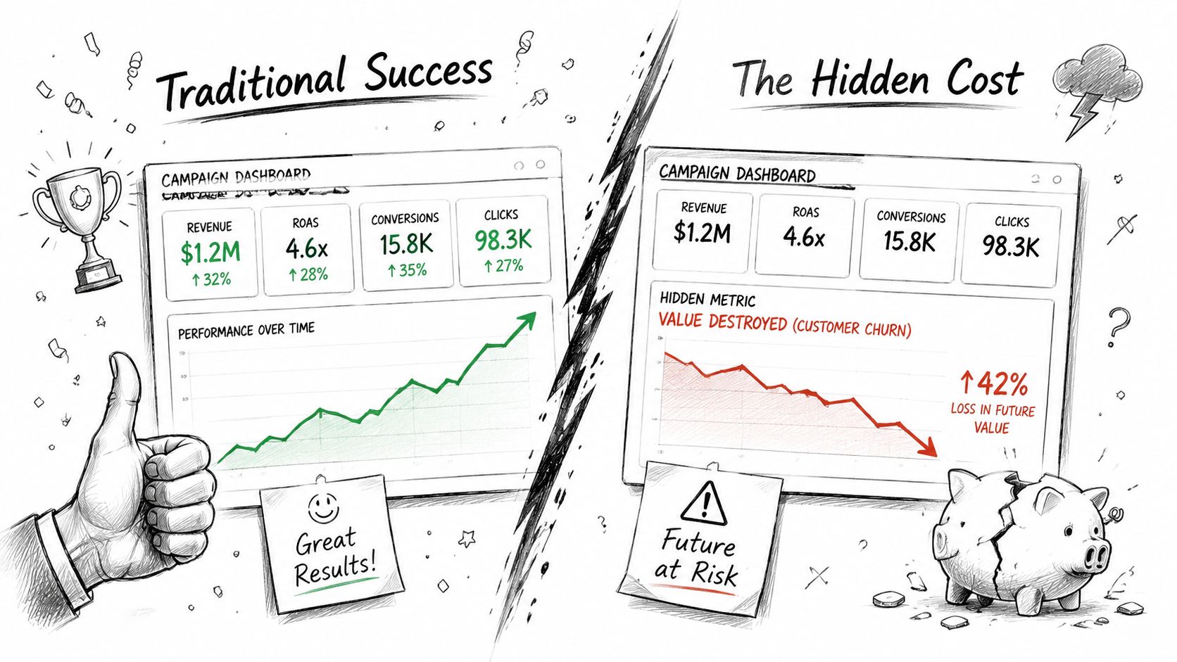 A comparison illustration showing traditional marketing metrics versus hidden costs like customer churn and future value loss.