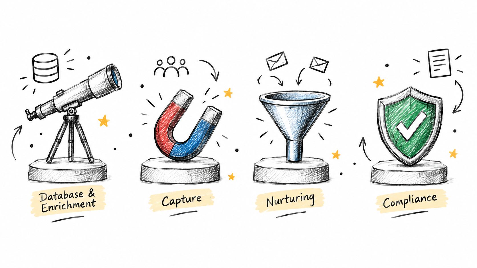 A conceptual diagram showing four stages of lead generation: database enrichment, capture, nurturing, and compliance.