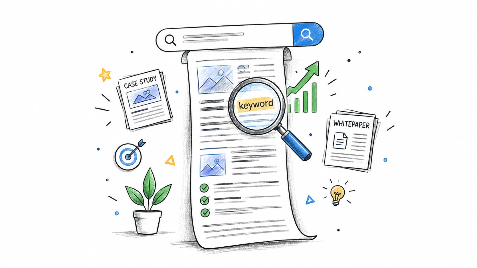 A hand drawn illustration depicting SEO research with a magnifying glass over keywords, documents, and business icons.