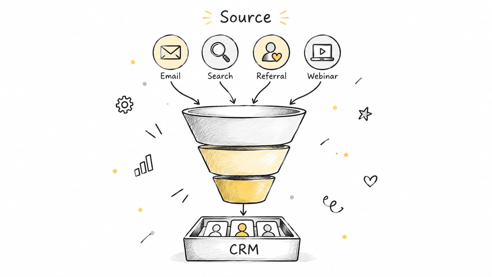 A hand-drawn illustration showing marketing sources like email and search funneling leads into a CRM system.