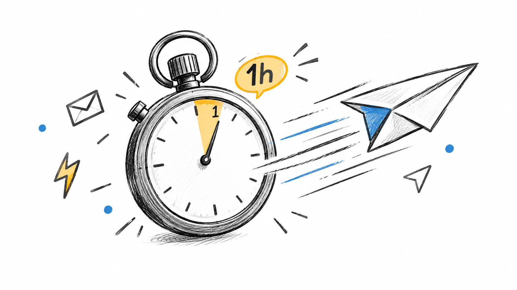 A hand-drawn illustration of a stopwatch with a paper airplane flying past to symbolize fast communication.