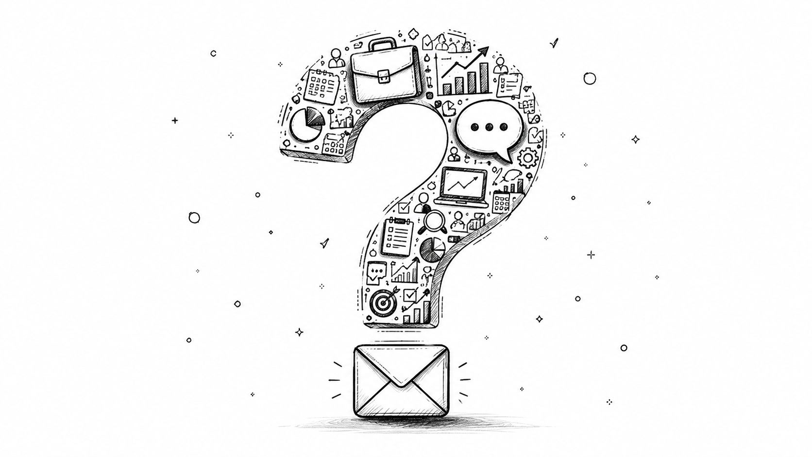 A hand drawn illustration of a large question mark filled with business icons and a mail envelope below.