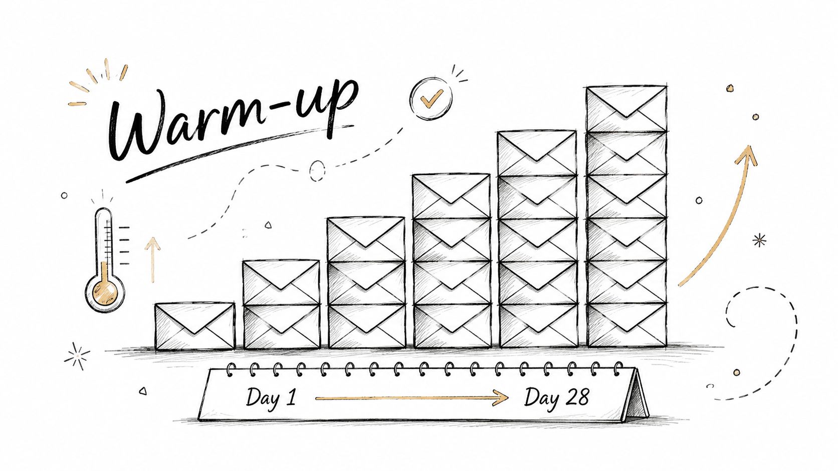 A hand drawn illustration showing a gradual increase in email volume over a period of twenty eight days.