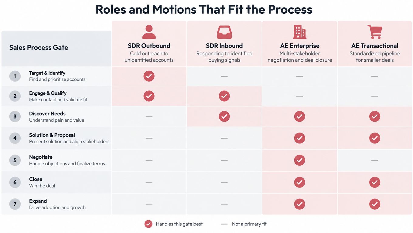 A chart detailing sales roles and motions across seven sequential gates of the B2B sales process.