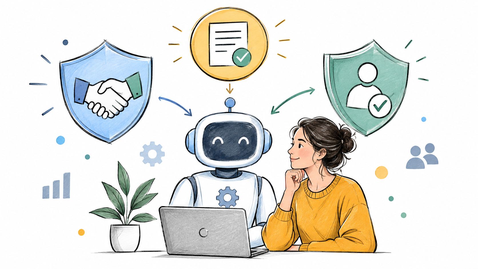 A friendly robot collaborating with a woman at a desk with symbols of trust, documentation, and user security.