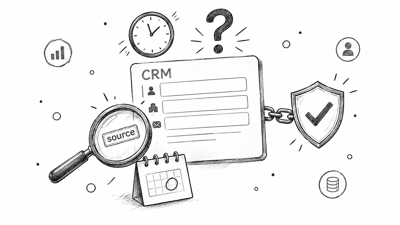 Hand-drawn sketch illustration of a CRM system connected to data security icons and source analysis tools.