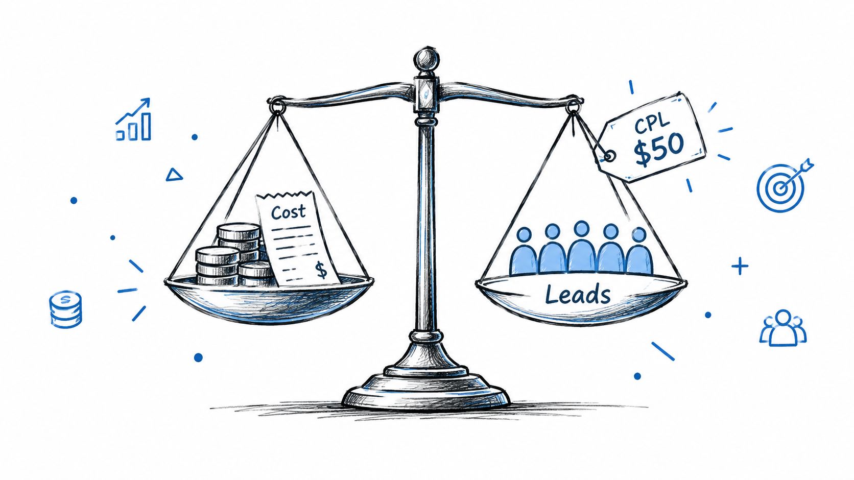A hand-drawn illustration showing a balance scale weighing cost against lead generation with a $50 CPL tag.
