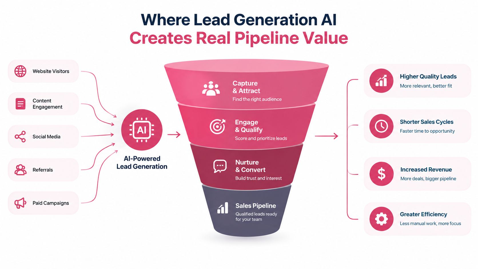A diagram illustrating how AI-powered lead generation streamlines the sales pipeline for improved business outcomes.