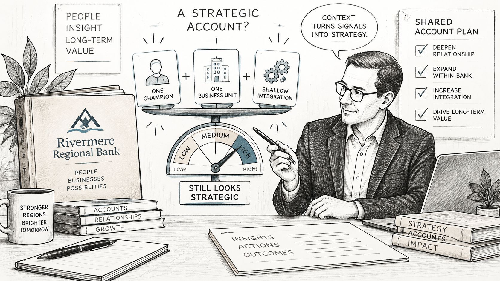 A professional man analyzing a strategic account plan at a desk with charts, books, and diagrams.