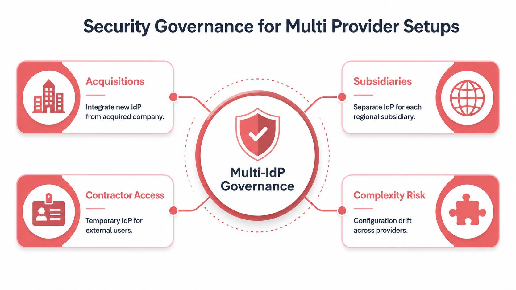 A diagram illustrating security governance for multi-IdP setups including acquisitions, subsidiaries, contractor access, and complexity risk.