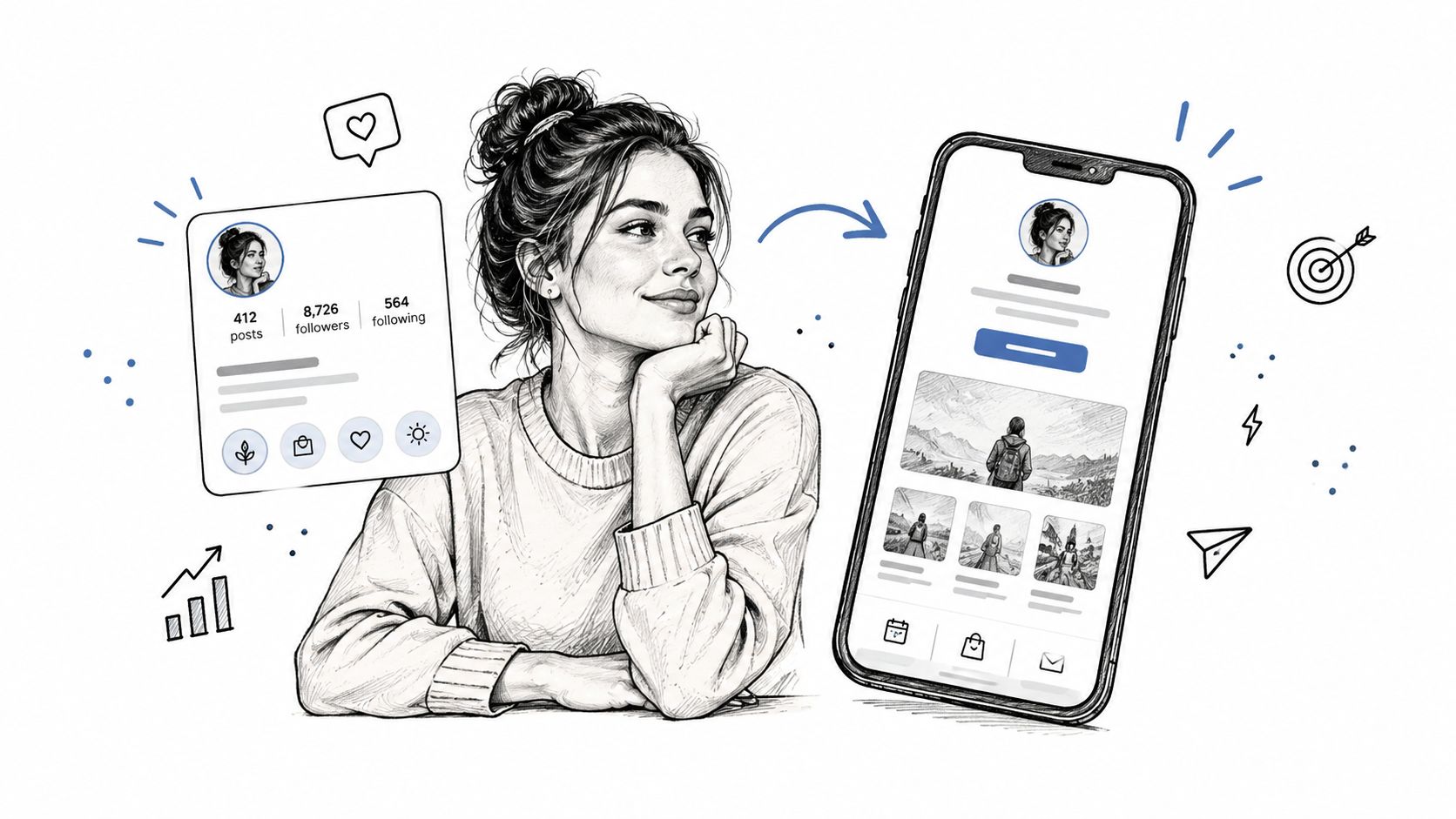 A pencil sketch of a woman visualizing her social media profile and content strategy on a phone.
