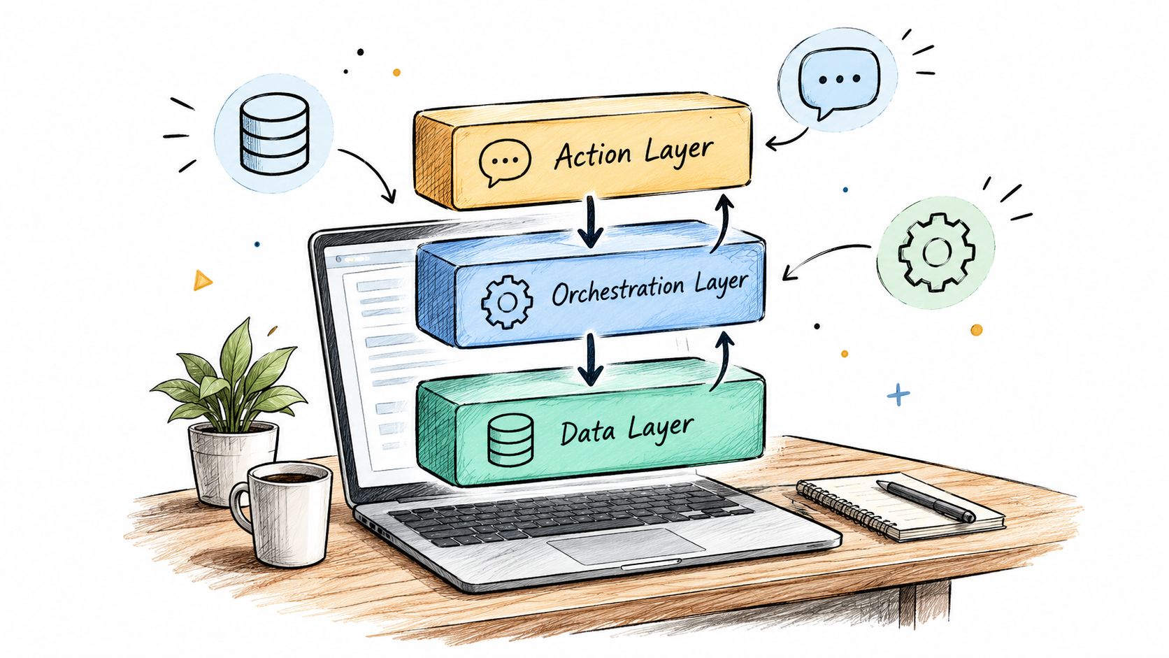 A hand-drawn illustration showing a laptop with three stacked architectural layers: Action, Orchestration, and Data.