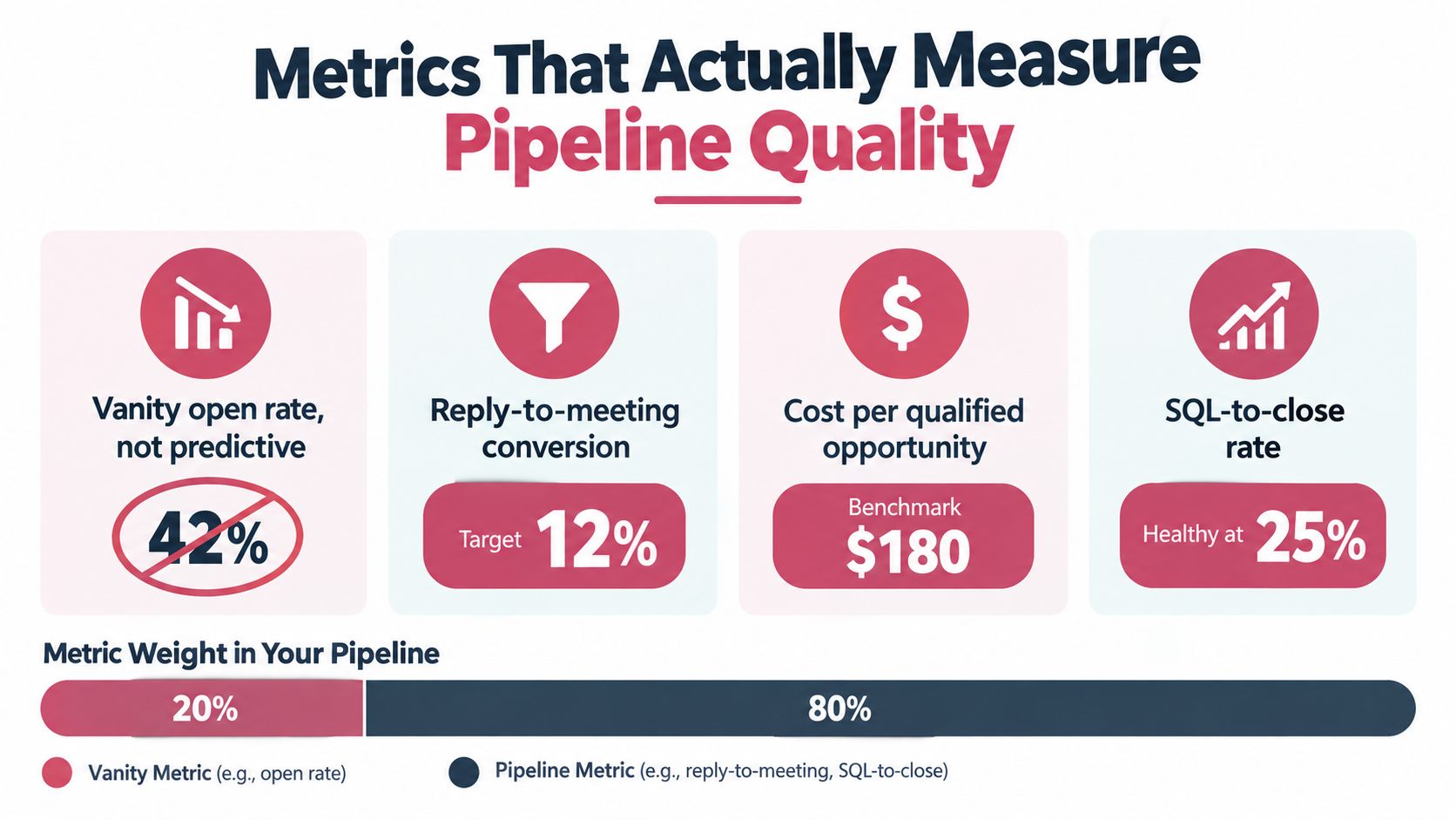 A marketing infographic illustrating metrics for evaluating pipeline quality, emphasizing actionable data over vanity metrics.