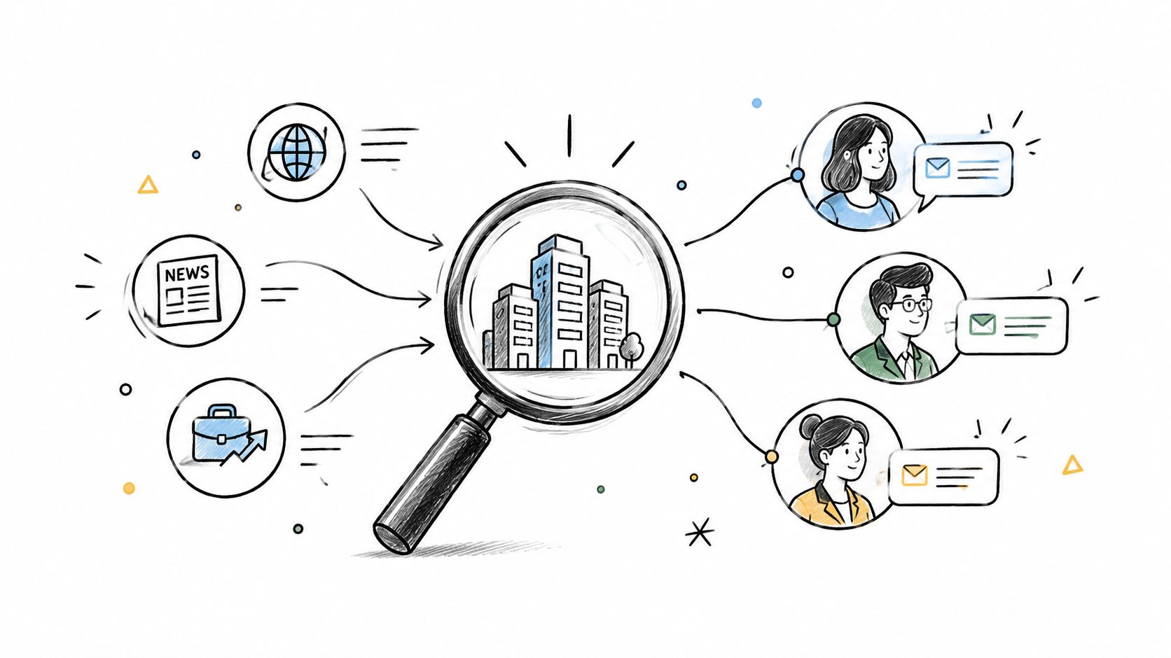 A hand drawn illustration showing a magnifying glass focused on buildings, connected to various data sources and professionals.