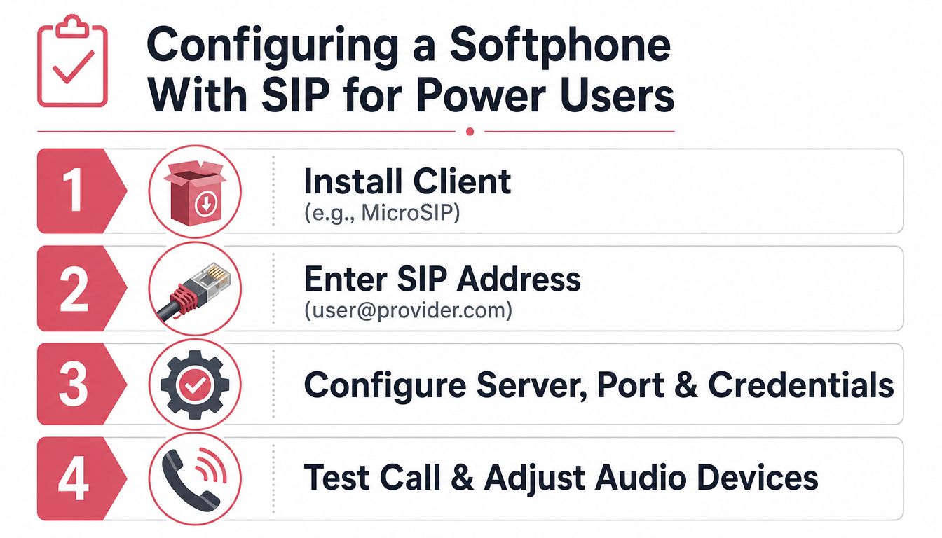 A four-step infographic illustrating the process of configuring a softphone for voice communication using SIP protocol.