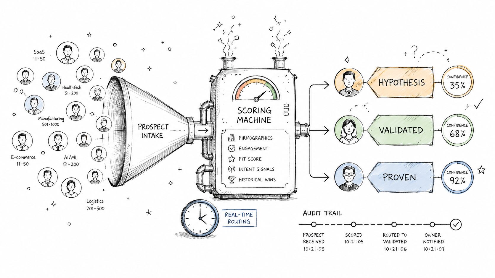 A conceptual diagram showing a prospecting funnel processing leads through an automated scoring machine into validated categories.