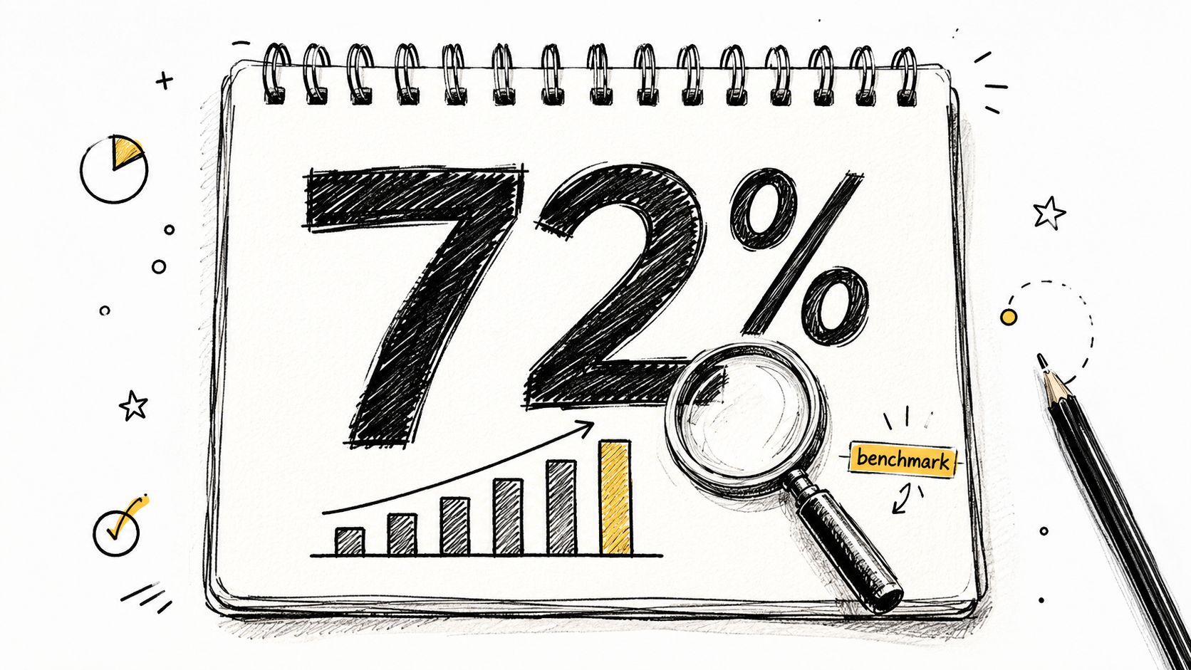 A hand drawn notebook page displaying seventy two percent with a magnifying glass and a rising bar chart.