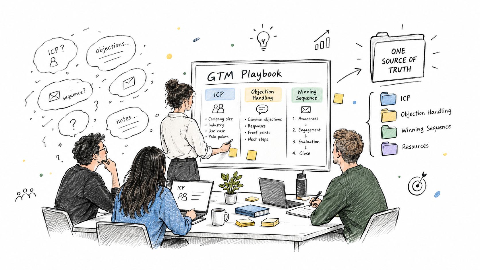 A diverse team collaborating in a meeting room while brainstorming strategy using a GTM playbook visual aid.